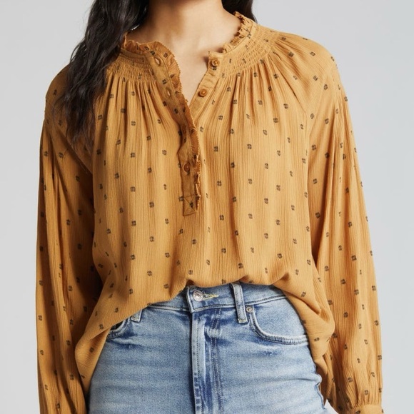 Wit & Wisdom Tops - Wit and Wisdom Smocked Print Top, Caramel Latte Brown,‎ Size Small